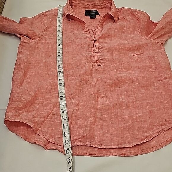 Tahari 100% Linen Collared 3/4 Sleeve Coral Split Shirt S - Picture 5 of 6